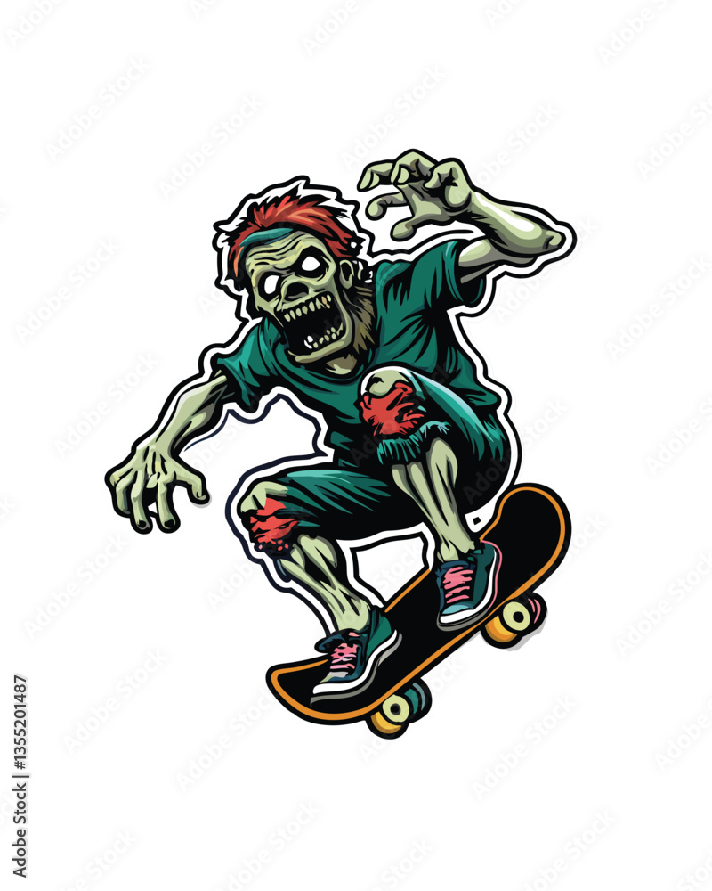 A decaying zombie, tattered clothes, rides a skateboard, skillfully navigating a cracked urban street. Detailed, realistic rendering. A decaying zombie, tattered clothes, rides a skateboard, skillfully navigating a cracked urban street. Detailed, realistic rendering.