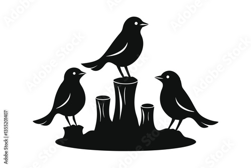 Black Birds on Tree Stumps Simple Silhouette Bird Wildlife Nature