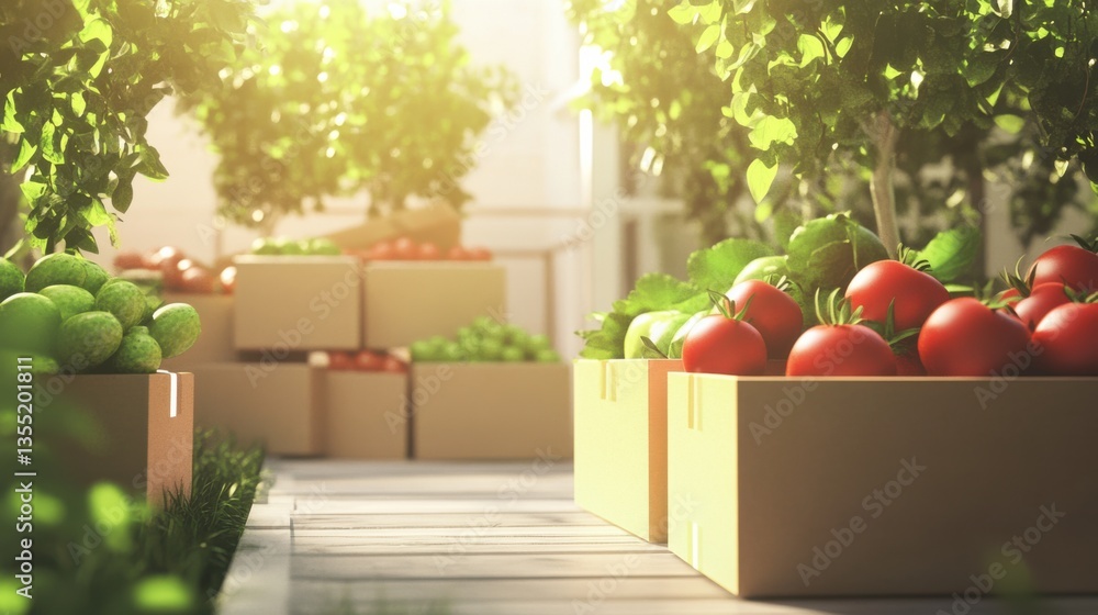 Fresh Produce Display in Greenhouse with Sunlight and Lush Greenery, Boxes of Vegetables Fresh Produce Display in Greenhouse with Sunlight and Lush Greenery, Boxes of Vegetables