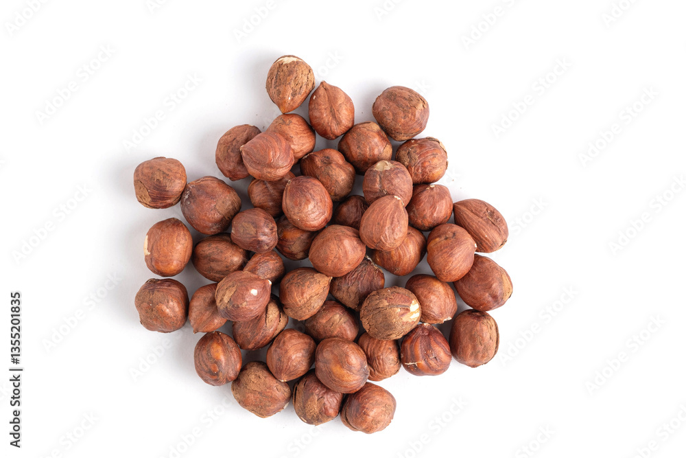 Pile of hazelnuts isolated on white background, top view. Pile of hazelnuts isolated on white background, top view.