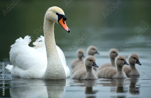 Fototapeta Naklejka Na Ścianę i Meble -  Swan with cygnets swimming in lake water. Family of white swans. Mother protects baby birds. Wildlife nature. Fluffy chicks on pond. Spring time. Peaceful scene.