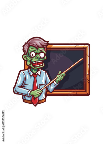 A terrifying yet comical image of a decaying zombie teacher standing before a chalkboard in a classroom, clutching a textbook.