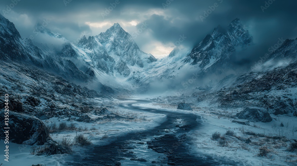 Fototapeta premium Snowcapped peak wilderness glacier concept. A serene winter landscape featuring majestic mountains, a winding river, and a dramatic sky filled with clouds.