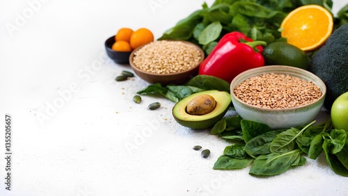 Wallpaper Mural Healthy food clean eating selection: fruit, vegetable, seeds, superfood, cereal, leaf vegetable on white concrete background Torontodigital.ca