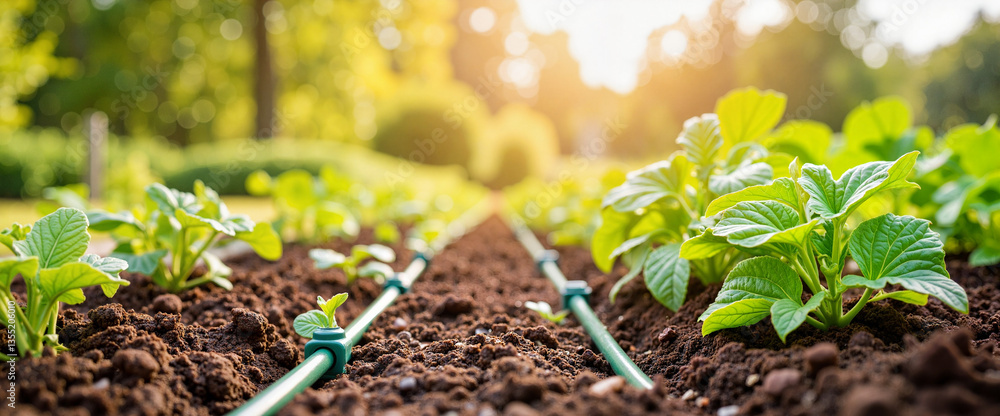 Lush vegetable garden with drip irrigation under warm afternoon sun, growth Lush vegetable garden with drip irrigation under warm afternoon sun, growth