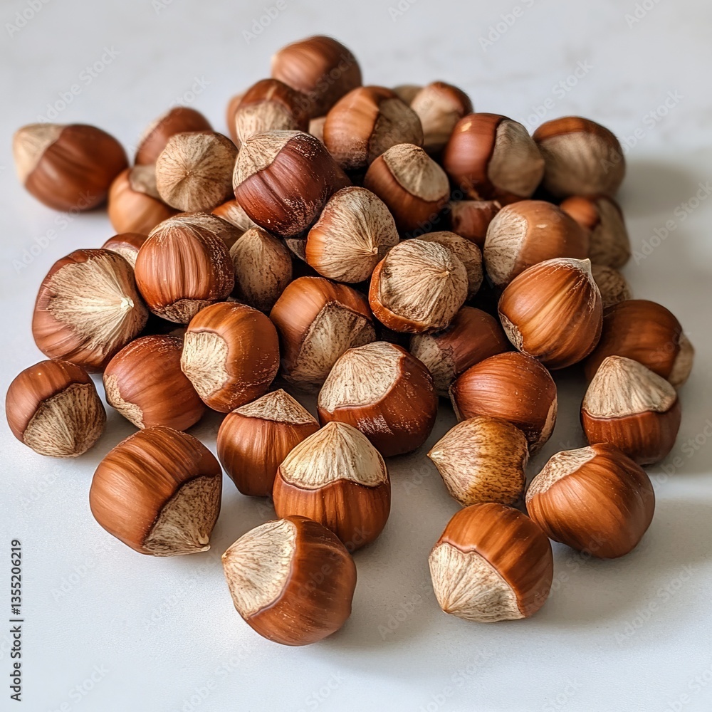 A pile of hazelnuts on a clean white surface, their brown shells nestled together with a few cracked open, the rich nutty insides visible, fresh and earthy. A pile of hazelnuts on a clean white surface, their brown shells nestled together with a few cracked open, the rich nutty insides visible, fresh and earthy.