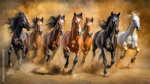Wild Horses Galloping in Dusty Sunset.