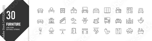 Minimalist furniture line icons with editable stroke for home and office interior,
