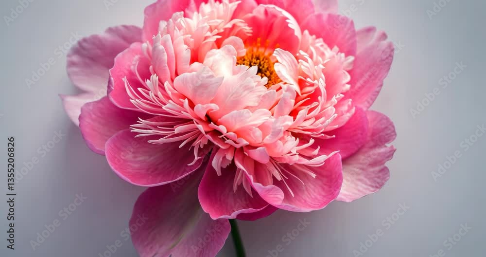 Blurred photograph of a pink peony beneath a matte surface against a white backdrop. Simple greeting card featuring a fresh blooming peony. Natural festive background, aerial perspective. Blurred photograph of a pink peony beneath a matte surface against a white backdrop. Simple greeting card featuring a fresh blooming peony. Natural festive background, aerial perspective.