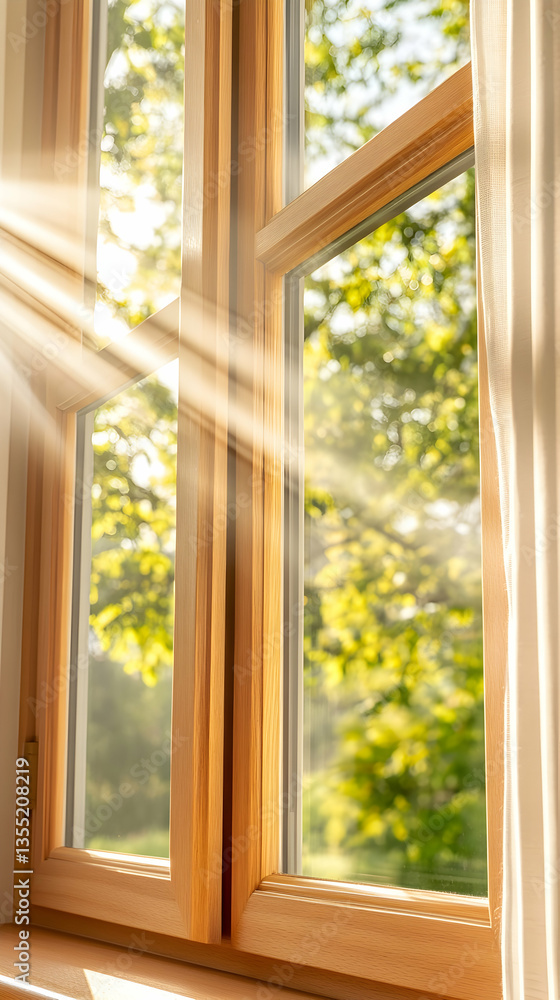Fototapeta premium Sunlight streams through window, garden view