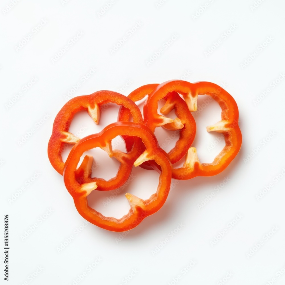 Three slices of bright red bell peppers are depicted on a solid white background Three slices of bright red bell peppers are depicted on a solid white background