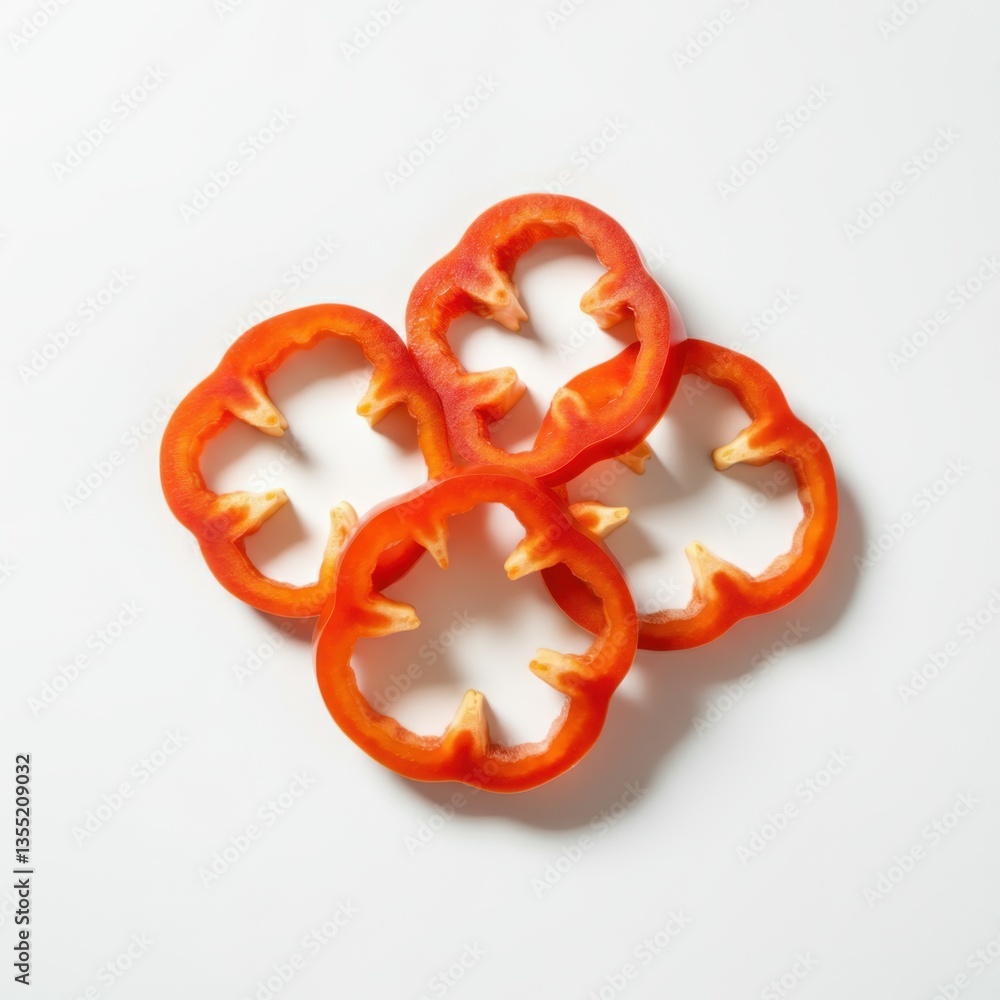 Three slices of bright red bell peppers are depicted on a solid white background Three slices of bright red bell peppers are depicted on a solid white background