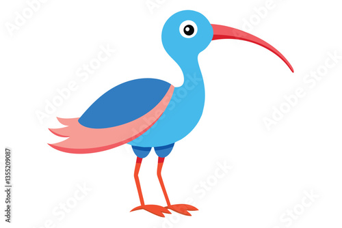 Blue and Pink Bird with Long Red Beak Standing on White, Cartoon Bird