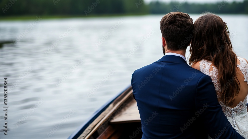 Fototapeta premium Romantic newlyweds gazing out at calm lake from wooden boat together