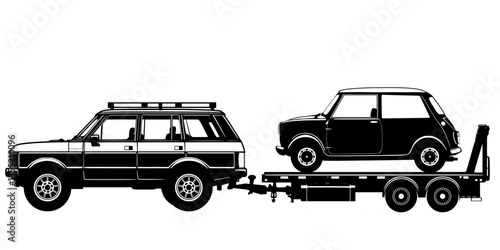 SUV towing trailer with classic city car 