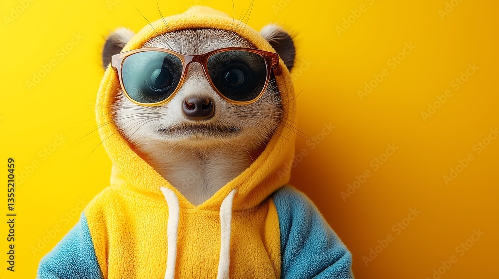 Fototapeta premium A stylish meerkat in sunglasses and colorful attire strikes a confident pose against a bright yellow backdrop, showcasing its quirky and playful personality