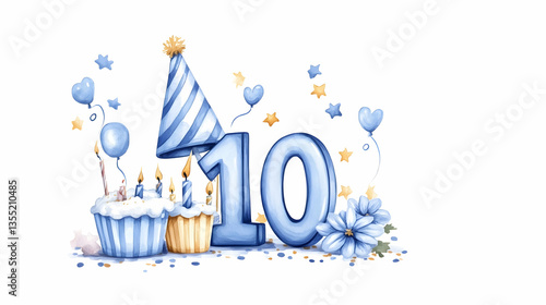 Tenth Birthday Celebration Cake, Balloons, and Confetti