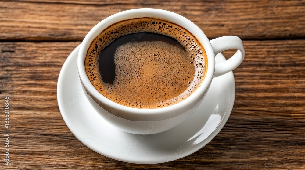 Aromatic Black Coffee in White Cup on Rustic Wood Table. Aromatic Black Coffee in White Cup on Rustic Wood Table.