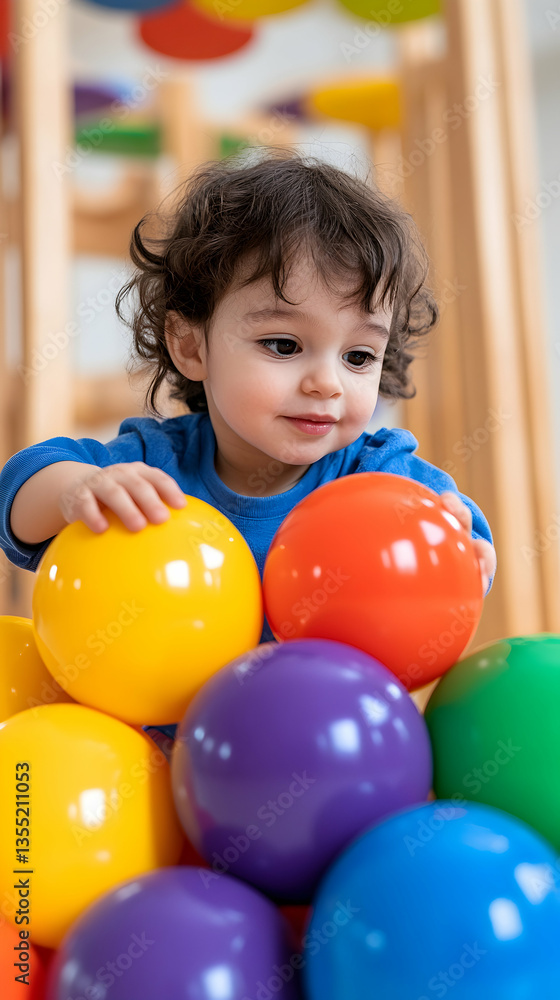 Obraz premium Toddler playing with colorful balls in playroom