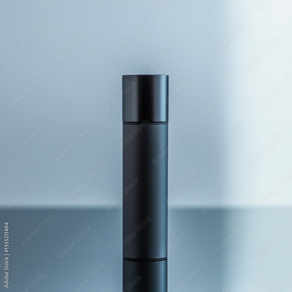 a simple matte black tube, unbranded, standing on a reflective glass surface with soft lighting, bold and minimalist aesthetic a simple matte black tube, unbranded, standing on a reflective glass surface with soft lighting, bold and minimalist aesthetic