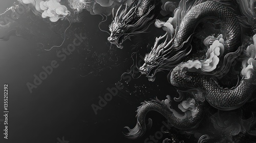 Two majestic dragons intertwined amidst swirling smoke, grayscale.
