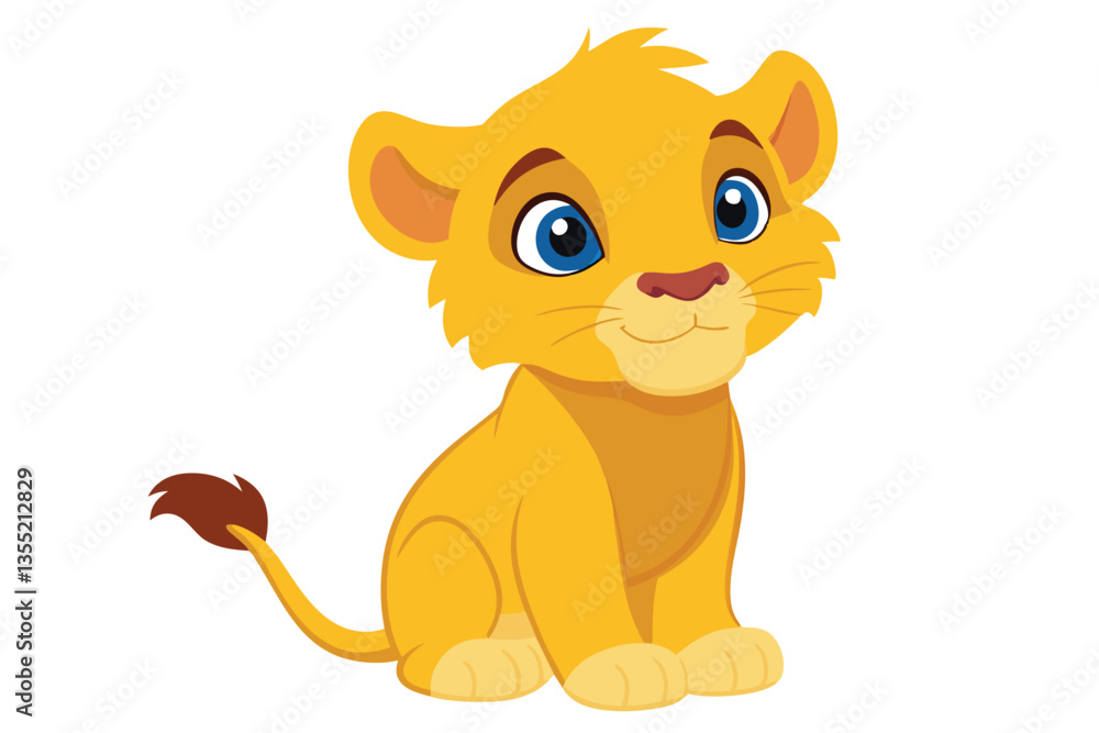 Fototapeta premium Cartoon Lion Cub Seated, Golden Fur, Blue Eyes, Brown Tail Isolated On White