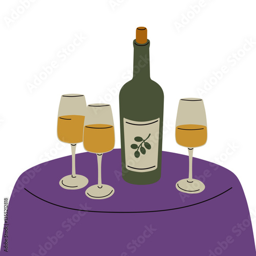 Vector illustration of white wine on the table in cartoon style. Hand drawn wine bottle and wine glasses.