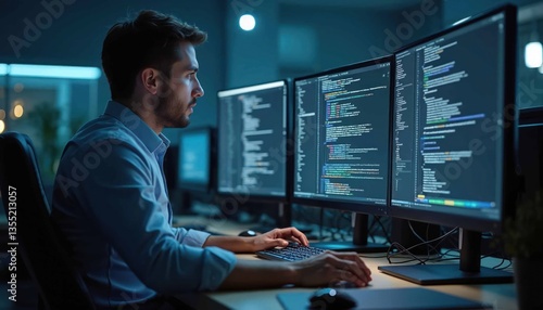 Obraz na płótnie Software developer coding on multiple monitors in office. Programmer writes code, types on keyboard. Workstation with code on screen. specialist, computer science, modern tech job. Programmer works