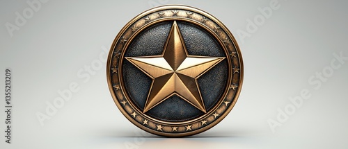 A bronze, circular emblem features a large, five-pointed star.  The star is gold and textured. The emblem's border is decorated with small stars