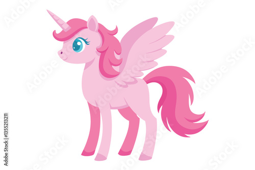 Cartoon Pink Unicorn Pegasus with Wings and Horn Standing on White Background