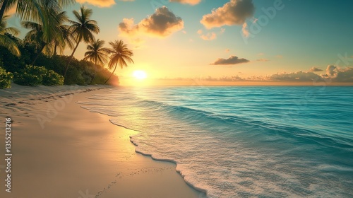 Serene Tropical Beach Sunset Golden Hour Peaceful Ocean Waves Palm Trees Sandy Shore Idyllic Paradise Vacation Travel Exotic Island Summer Holiday    
