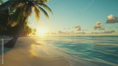 Serene Tropical Beach Sunset Golden Hour Palm Trees Ocean Waves Sandy Shore Idyllic Paradise Vacation Relaxation Summer Holiday Tropical Island Exotic