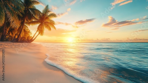 Stunning Tropical Beach Sunset Scene Golden Hour Palm Trees Ocean Waves Sandy Shore Idyllic Paradise Vacation Travel Summer Holiday Relaxation        