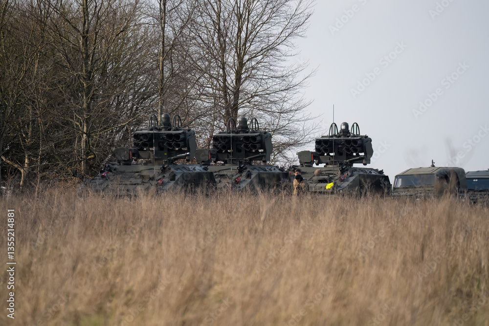 a convoy of British Army Alvis Stormer Starstreak CVR-T tracked armoured vehicle equipped with short range air defense high-velocity missile system
