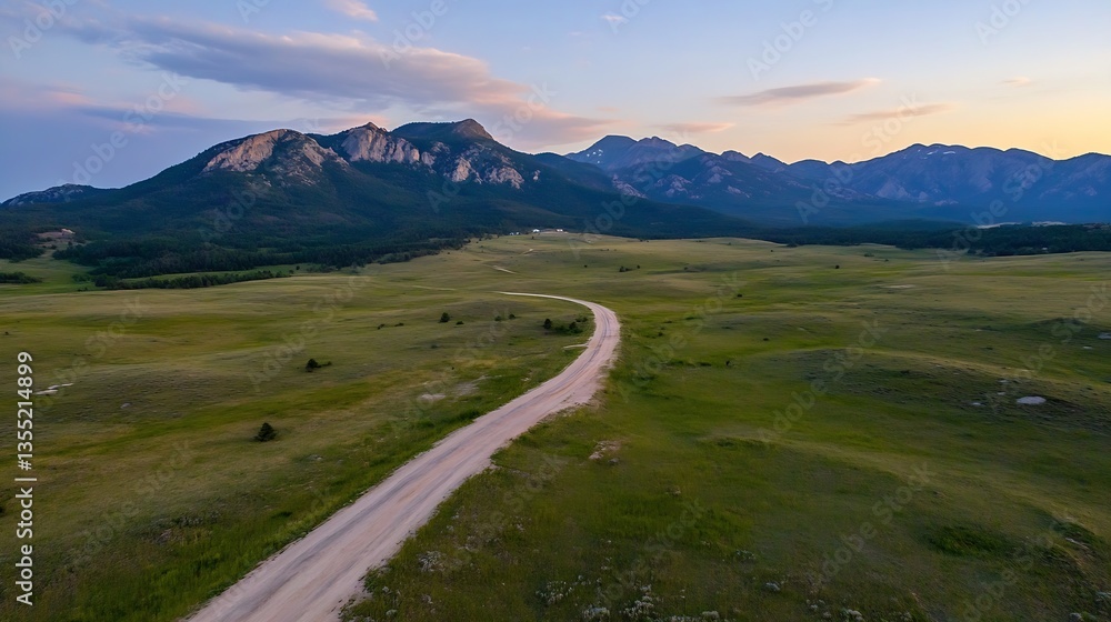 Aerial view of winding road through expansive green fields with distant mountains under the colorful evening sky : Generative AI Aerial view of winding road through expansive green fields with distant mountains under the colorful evening sky : Generative AI