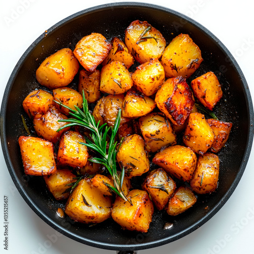 Golden potatoes roasted to perfection with fragrant rosemary in a sleek pan on a bright white backdrop showcasing culinary artistry