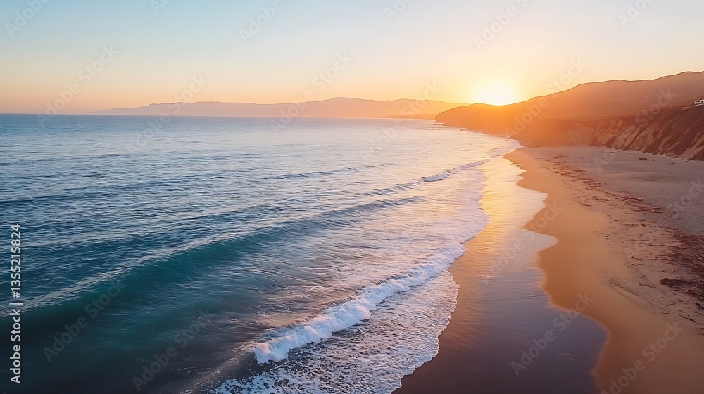 Fototapeta premium Serene beach landscape with golden sun setting over calm ocean waves : Generative AI