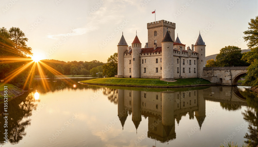 Obraz premium Castle reflecting at sunset by calm water, serene beauty, Calm water reflection