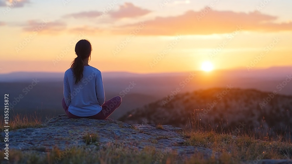 Contemplative person sitting on a rock enjoying a stunning sunset over the mountains : Generative AI Contemplative person sitting on a rock enjoying a stunning sunset over the mountains : Generative AI