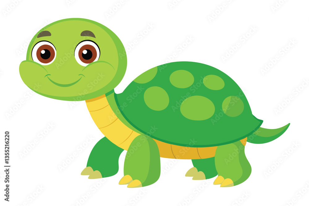 Fototapeta premium Charming Cartoon Green Turtle Walking on White Background, Smiling reptile with spots