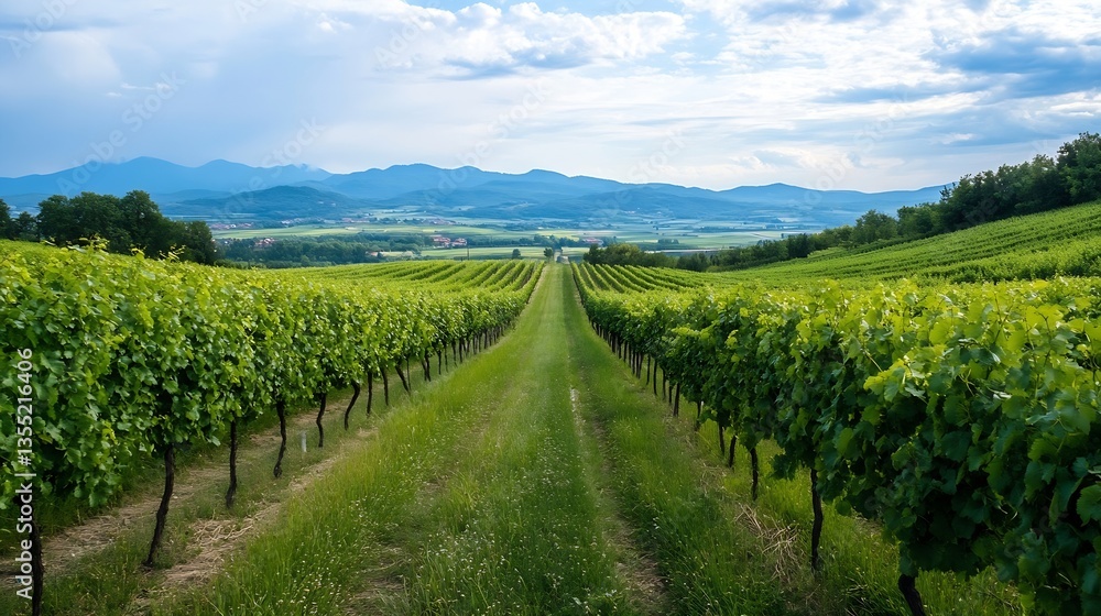 Expansive vineyard landscape under a cloudy sky with lush green grapevines stretching across rolling hills towards the horizon : Generative AI Expansive vineyard landscape under a cloudy sky with lush green grapevines stretching across rolling hills towards the horizon : Generative AI