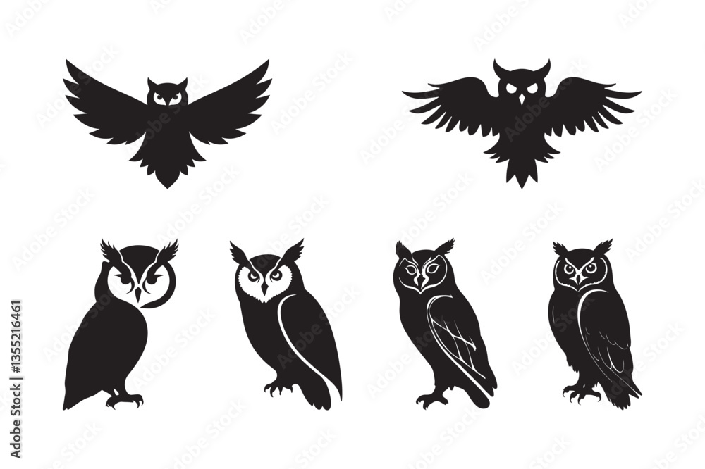 Fototapeta premium Owl Silhouette Vector Set Flying and Perched Nocturnal Birds Illustration 