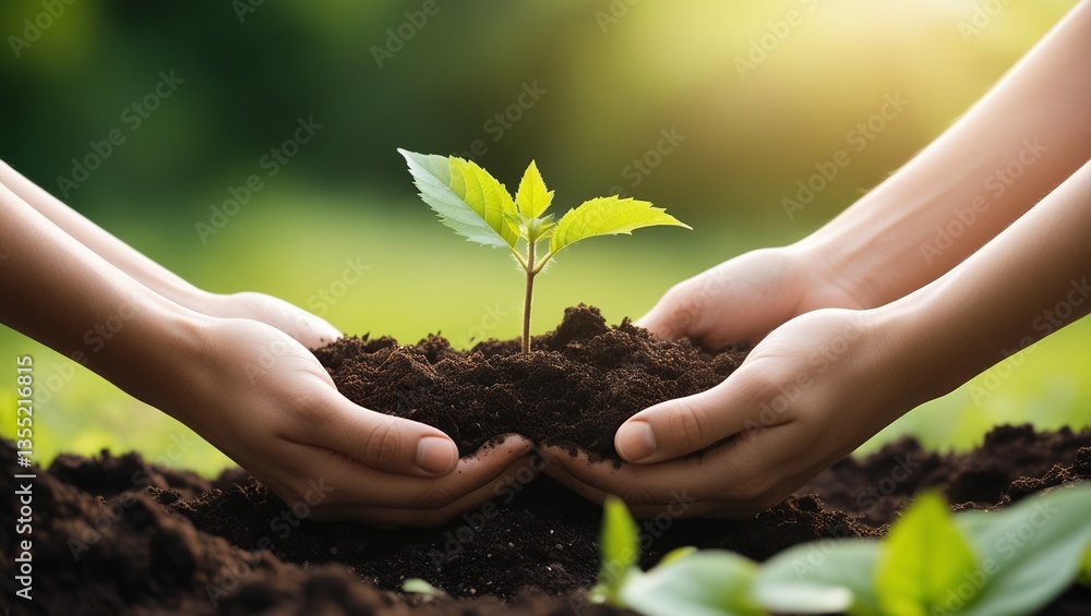 Fototapeta premium Environmental Care – Hands Supporting a Young Plant in Sunlight