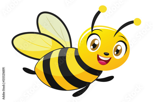 Cheerful Cartoon Bee Flying, Wings, Antennae, Stripes, Smiling, Cute, Happy, Yellow