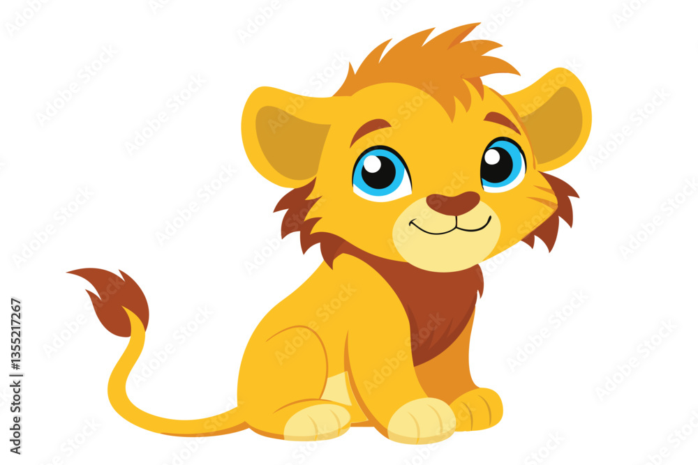 Fototapeta premium Cheerful Cartoon Lion Cub Sitting Pose, Golden Fur, Big Blue Eyes, Playful Look