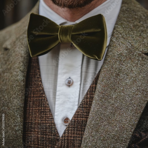 a velvet olive green bow tie, paired with a brown tweed suit, warm and rustic aesthetic, soft and cozy atmosphere