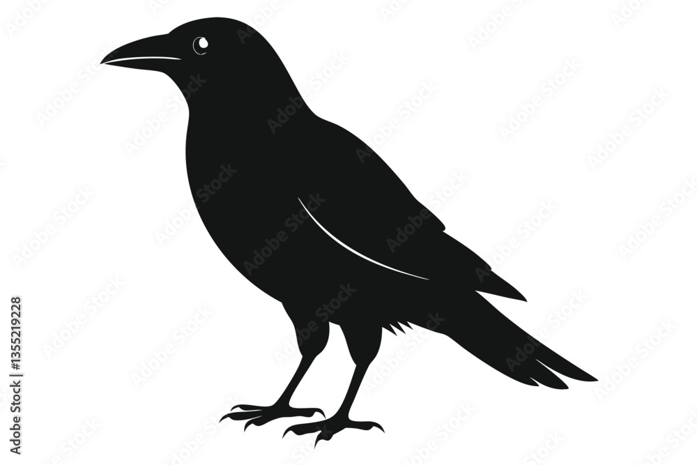Fototapeta premium Crow Silhouette Illustration, Full Body, Black Bird, Isolated, Minimalist, White Background