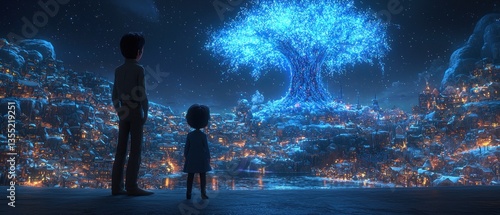 A child and adult gaze upon a luminous, magical tree at the heart of a glowing, hillside village under a starry night sky