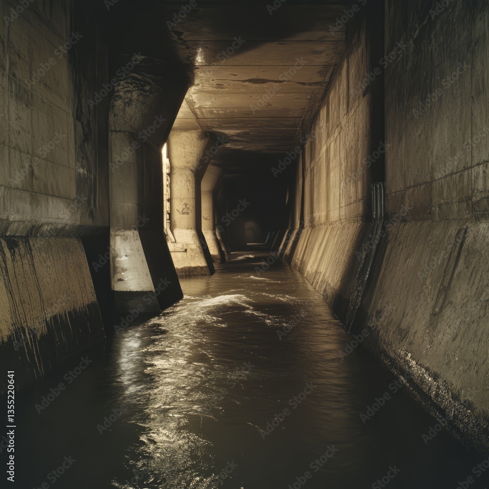 custom made wallpaper toronto digitalA view of an underground sewer with large pipes carrying wastewater, the thick walls made of concrete, water flowing steadily in the dark, industrial and efficient.