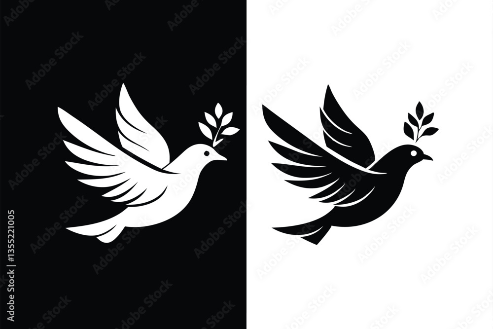 Obraz premium Dove Flying with Olive Branch Logo Icon Black & White Split Peace Symbol Design